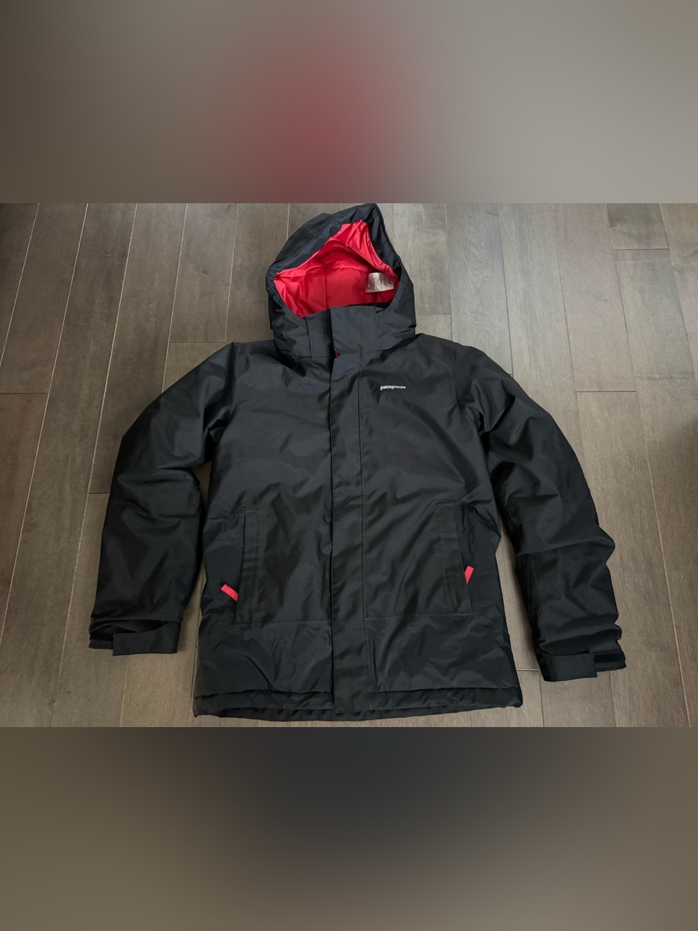 Patagonia Kids Black Raincoat with Red Lining and Hood (boys size 14)